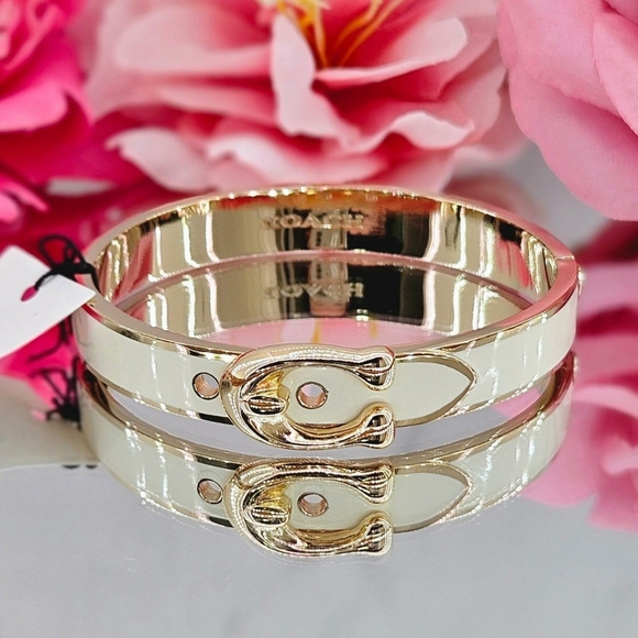 Coach Bracelet Gold Tone Enamel Buckle Hinge Bangle Logo Push Clasp Classic Gift - Picture 1 of 5